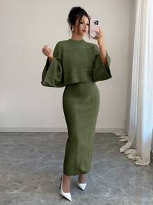 Elenzga Yellow Long Sleeve Top And Straight Skirt 2 Pieces Set, Elegant And Suitable For Party, Commute In Autumn/Winter - Army Green - View 4