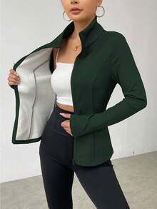SHEIN LUNE 秋冬休闲纯色保暖内衬夹克 - 墨綠色 - 查看 6