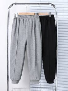Vacaura 2pcs/Set Boys' Minimalist Ribbed Tapered Leg Pants, Comfortable Fabric, Versatile Color, Suitable For School And Casual Wear, Autumn/Winter - Black - View 4