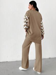EURMUSE Striped Contrast Color Round Neck Sweater And Pants Two Piece Set - Mocha Brown - View 2