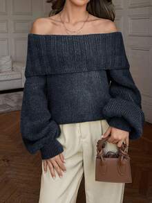 EURMUSE Elegant Off Shoulder Neck Line Rib Knit Balloon Sleeve Oversize Cozy Pullover For Winter - Dark Grey - View 5