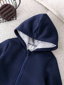 SHEIN Bộ đồ liền thân dệt kim mềm mại dày dặn màu xanh navy chải kỹ cho bé trai/bé gái có mũ trùm đầu, có khóa kéo, đa năng cho cả mặc trong nhà và ngoài trời, mùa thu/đông - Màu xanh hải quân - Xem 3