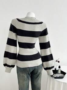 Elamini Women's Sexy Fitted V-Neck Striped Long Sleeve Sweater, Versatile - Multicolor - View 2
