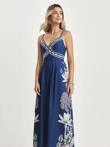 CAJUNI Women's Tropical Print Shirred Back Camisole Wide Leg Jumpsuit, Summer Vacation Style - Blue - View 6