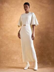 Zivah Elegant Autumn Women Off-White Sweater Dress,Tea Party Slim Fit Half-Sleeve Mid-Length Knit Dress With Metal Waist Decoration For Business Commuter - White - View 7