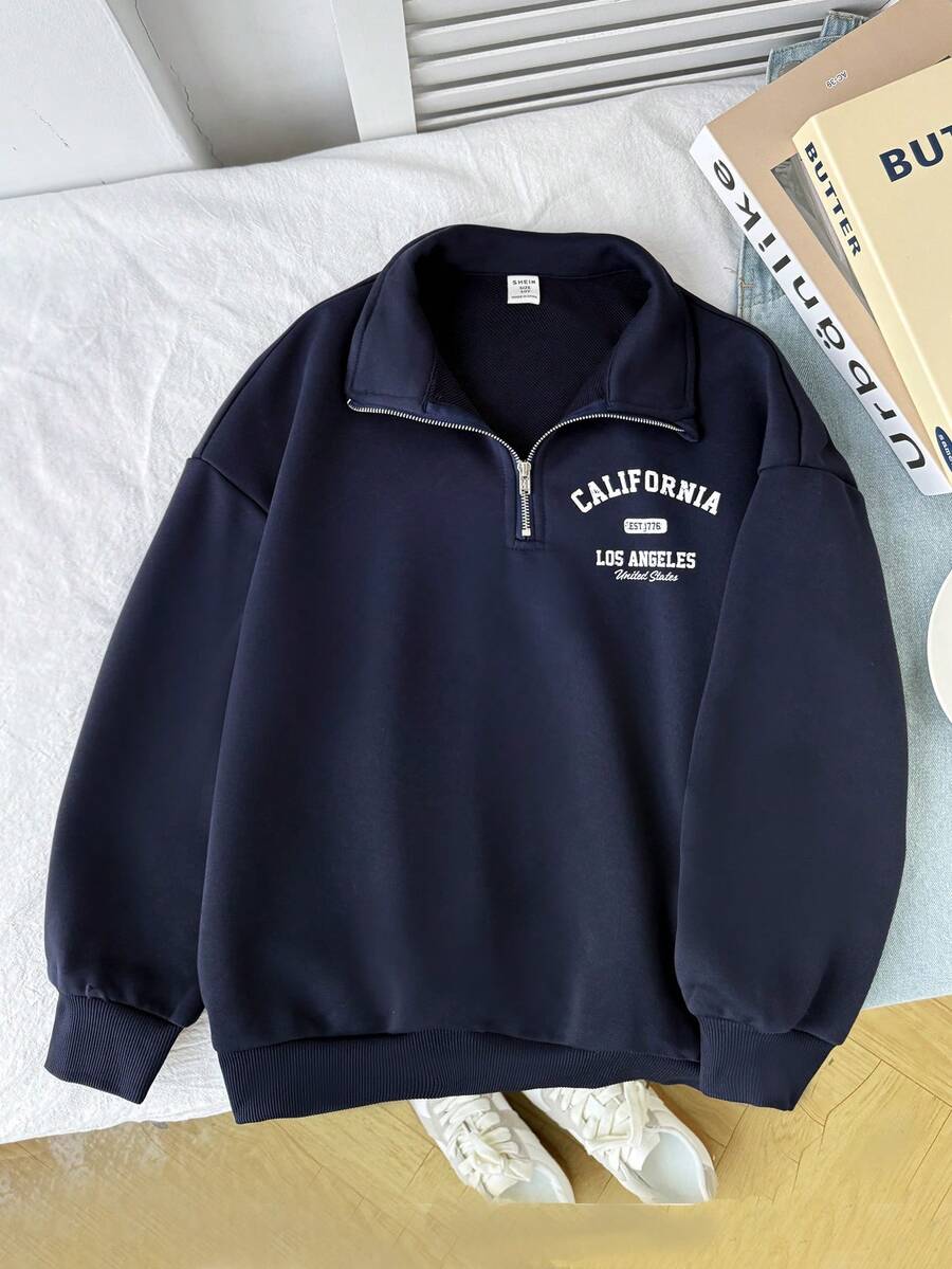 SHEIN Tween Girl Casual Street Style Camouflage & Leaf Print Loose Fit Dropped Shoulder Cropped Long Sleeve Sweatshirt, Navy Blue Autumn Winter Clothes For Women