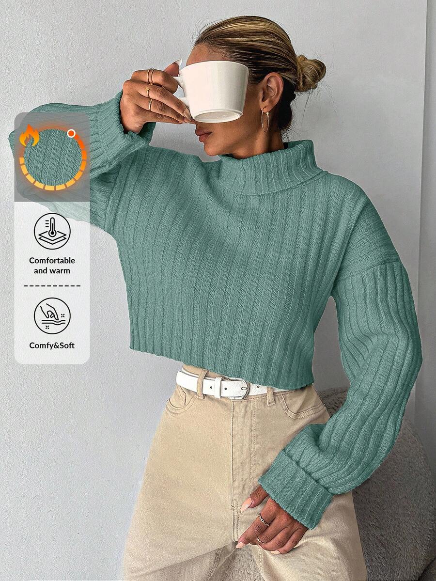 SHEIN Cottnline Damen Lässig einfarbiger High Neck Drop-Shoulder Pullover für Herbst & Winter - Minzgrün - Übersicht 1