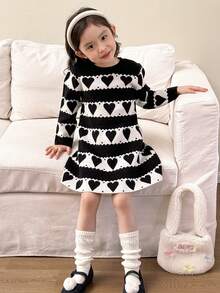 SHEIN Young Girl Contrast Color Round Neck Long Sleeve Heart Pattern Casual Sweater Dress - Black and White - View 5