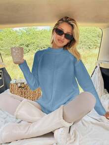 EURMUSE Women Solid Color Mock Neck Raglan Sleeves Sweater - Baby Blue - View 2
