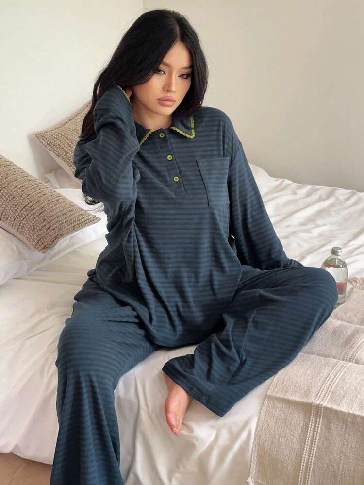 Dazy Plus 2pcs Plus Size Women Casual Striped Loose Fit Pajama Set, Spring/Autumn, Fall & Winter Clothes