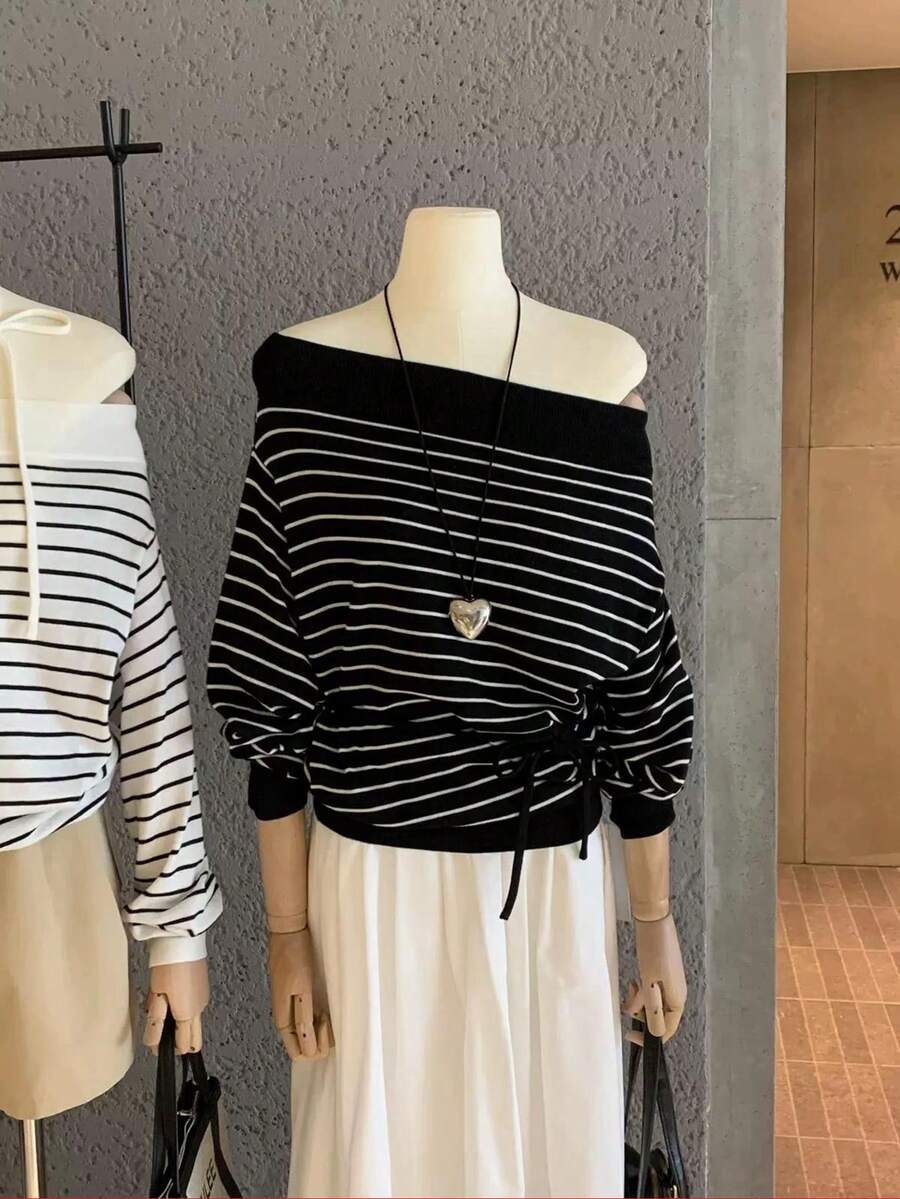 INAWLY 条纹针织露肩上衣、条纹针织长袖T恤 - 彩色 - 查看 1