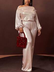 Veslaya 2025 Automne/Hiver Nouveau Ensemble 2 pièces femme grande taille, top ample à manches évasées et épaules dénudées, ourlet à cordon de serrage, couleur champagne, et pantalon slim extra long en tissu rayé brillant