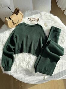 SHEIN 青少年女孩纯色V领落肩长袖针织开衫和裤子套装 - 綠色 - 查看 2