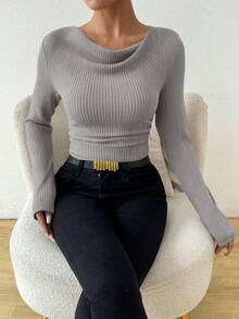 Almamuse 复古不对称垂坠领口纹理褶饰修身长袖 T 恤 - 灰色 - 查看 4