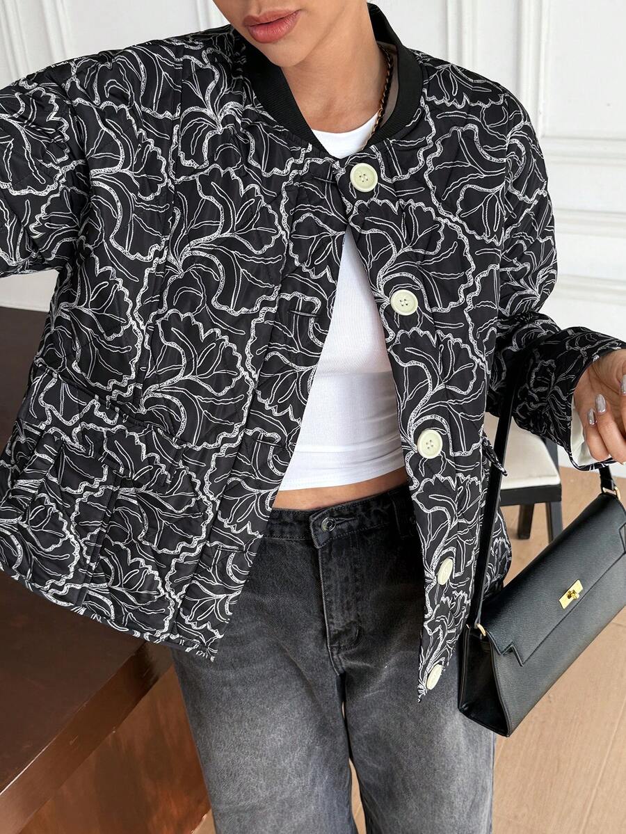 SHEIN Frenchy معطف مطبوع بالكامل للنساء للتنقل، خريف/شتاء - كاكي - مشاهدة 1