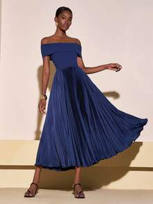 Zivah 2025秋季新款优雅宴会聚会休闲通勤连衣裙高端简约时尚露肩褶皱缎面拼布下摆连衣裙 - 藏蓝色 - 查看 6