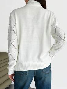 EURMUSE Casual Mock Turtle Neck Hollow Out Detailed Texture Knit Sweater,Jumper,Jumpers For Women,Cream Jumper,Jumpers,Christmas Jumper,White Jumper,Black Jumper,Ladies Jumper,Tall In Women,Women's Jumpers - White - View 2