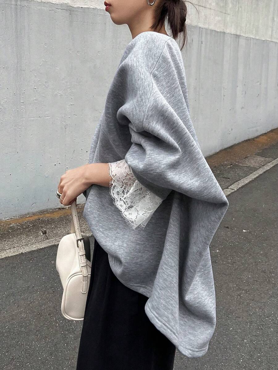 FRIFUL 女式纯色花卉拼接蕾丝圆领插肩袖宽松休闲套头衫，秋冬 - 灰色 - 查看 1