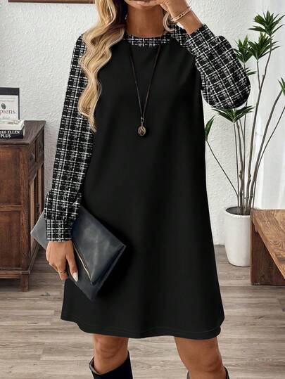 EMERY ROSE Women's Casual Plaid Patchwork Mini Dress, Autumn