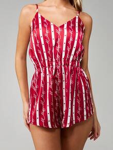 MISSGUIDED Christmas Striped Print V-Neck Romper With Hearts And Script Text For Summer Casual Wear - Multicolor - View 5