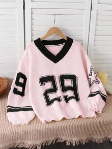 Mädchen Lockerer V-Ausschnitt Pullover mit Zahlen- und Sternenmuster, Herbst/Winter