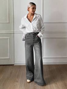 Livesso 女式高腰宽松破洞长款牛仔裤 - 深灰色 - 查看 4