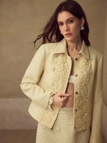 MOTF PREMIUM TWEED CONTRAST LACE OVERCOAT - Yellow - View 1
