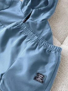 SHEIN Bộ 2 áo hoodie dệt kim trang trí màu xanh cho bé trai và quần cạp chun, trang phục thể thao thường ngày phù hợp mặc ngoài trời và trong nhà, mùa thu/đông - Màu xanh lam - Xem 8