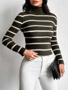 EURMUSE Women's Turtleneck Long Sleeve Striped Fitted Casual Sweater,Jumper,Cream Jumper,Jumpers,Black Jumper,Womens Jumper,White Jumper,Women's Jumper,Women's Jumpers,Winter Clothes - Army Green - View 5