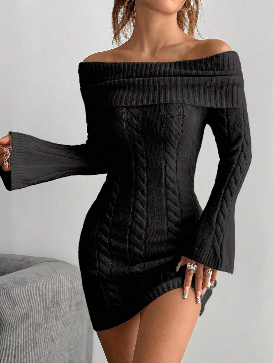 SHEIN Unity 女式露肩长袖麻花针织修身毛衣裙 - 黑色 - 查看 1
