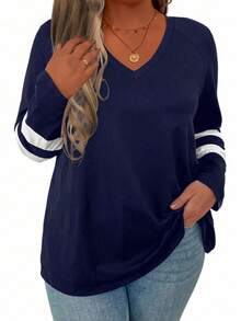 Plus Striped Print V Neck Tee Graphic Tees Women Tops - Royal Blue - View 4