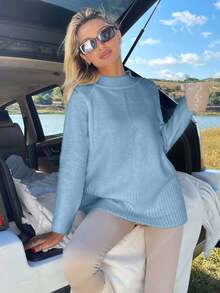 EURMUSE Women Solid Color Mock Neck Raglan Sleeves Sweater - Baby Blue - View 4
