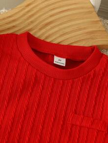 SHEIN Toddler Boys 2-Piece Set, Red Knit Jacquard Sweatshirt With Letter Decor And Denim Pants, Casual Outfit For Autumn/Winter, Suitable For Daily Wear, School, Travel, Back To School