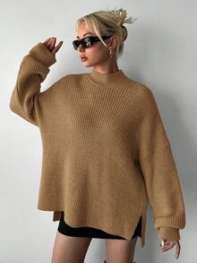 小高領落肩袖下擺開叉套頭毛衣 - 駝色 - 查看 4