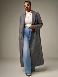 SHEIN Tall CURVE Plus Size Women's Herringbone Pattern Lapel Collar Long Sleeve Long Overcoat, Autumn/Winter Long Cardigan For Women Long Jacket For Women Long Coat Long Coats For Women Outerwear Women - Grey - View 6