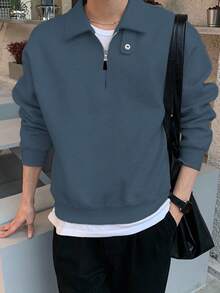 DAZY 男士纯色四分之一拉链 Polo 领可调节纽扣套头卫衣，秋冬季 - 藍色 - 查看 3