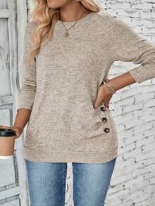 EMERY ROSE T-shirt décontracté à manches longues, col rond, avec boutons décoratifs et ourlet plissé, style vintage, tailles plus, automne/hiver - Nude - Voir 4