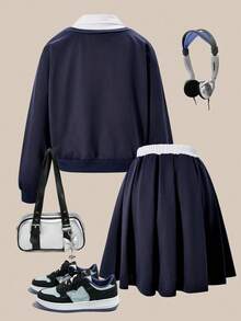 Sparklyn 2 件套青少年女孩休闲宽松落肩衬衫领衬衫和裙子套装 - 寶藍色 - 查看 2