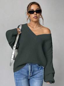 SHEIN Unity 女士休闲日常通勤落肩宽松V领毛衣，秋冬 - 灰色 - 查看 3