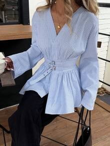 Siren Gaze Women's Striped Waist Cinching Double-Breasted Double Belt Long Sleeve Shirt, Commute & Vacation, Soft & Skin-Friendly Blue & White Striped Long Sleeve Shirt, Streetwear, Casual, Slim Fit Shirt,Cotton Shirt Winter Spring Holiday Resort