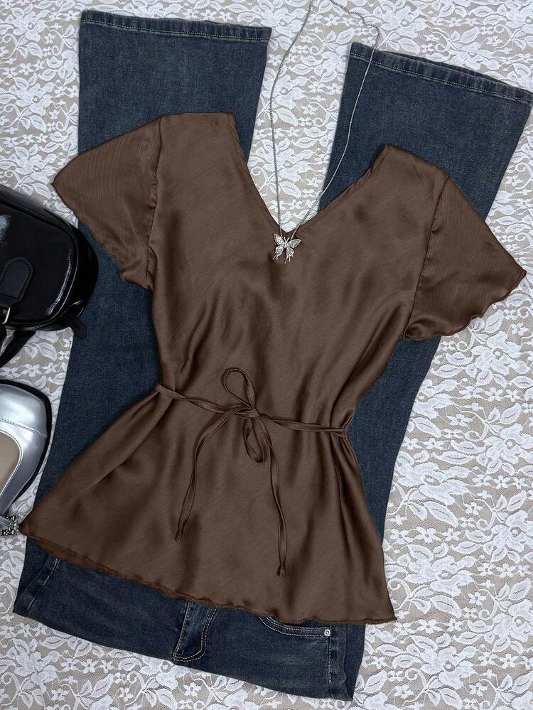 INAWLY Women's Solid Color V-Neck Twist Front Short Sleeve Top, Elegant For Summer - Brown - View 2