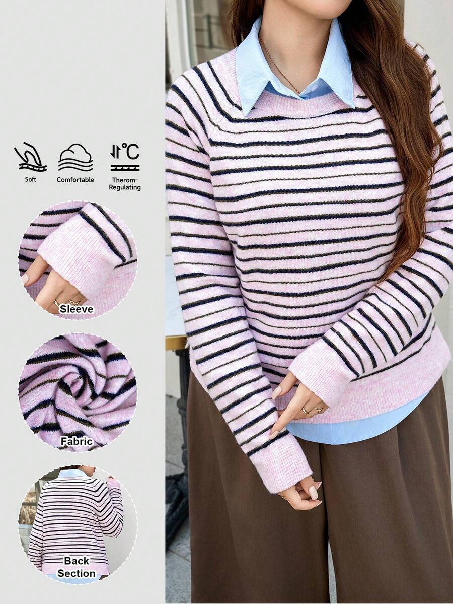 SHEIN LUNE 大码女式条纹圆领插肩袖长袖休闲套头毛衣，适合秋冬季节穿着，也适合万圣节、圣诞节等场合，可作万圣节服装、日常休闲穿着、商务休闲女装或教师款。