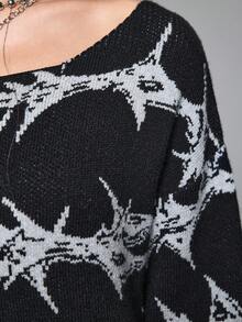 ROMWE Grunge Punk Spring/Summer Party Casual Punk Thorn Pattern Loose Pullover Sweater - Black - View 3