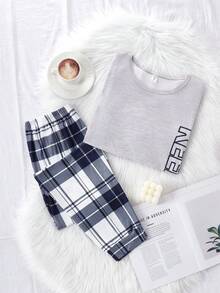 青少年男孩格纹元素组合长袖上衣和裤子，简约时尚穿搭，适合休闲家居穿着，凸显青少年阳光洒脱的特质 - 淺灰色 - 查看 4