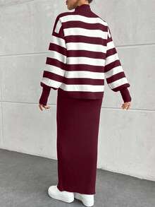 EURMUSE 2pcs Women Ribbed Ribbed Knit Dress Set,Petite Co Ord,Co Ord,Petite,Winter Clothes - Burgundy - View 2