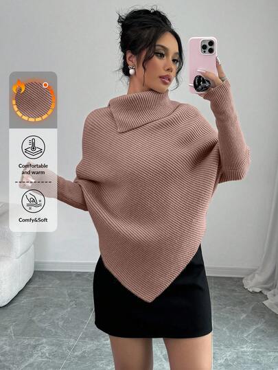 Women's Asymmetrical Bat-Wing Hem Solid Color High Neck Classic Knit Sweater, Fashionable & Versatile For Holiday & Vacation, Autumn/Winter,Jumper,Cream Jumper,Jumpers,Christmas Jumper,White Jumper,Black Jumper,Ladies Jumper,Women's Jumpers