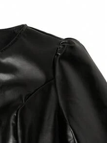 Ellevyn Áo khoác nữ cổ tròn cài nút kim loại tay dài, màu đen, thanh lịch, mặc hàng ngày và đi làm, chất liệu da PU ngắn, thu đông - màu đen - Xem 13