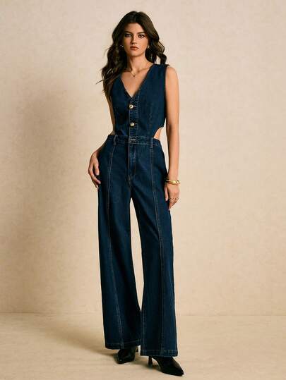 Poéselle 女士牛仔连体裤，复古美式工装风格，V领牛仔连体裤，显瘦腰身，休闲时尚，无袖，金属扣，深蓝色牛仔连体裤，优雅百搭，适合日常出行、约会、工作、派对、圣诞节、新年、情人节、母亲节、音乐节等场合。