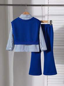 Elladie kids 3件套女童休闲条纹衬衫+爱心印花背心+裤子套装，秋冬季女童制服，蓝色荷叶边女童制服，5-6岁女童套装，闺蜜装蓝色亲子装 - 寶藍色 - 查看 2