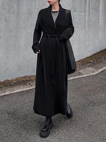 FRIFUL 女士纯黑色翻领系带长袖修身休闲长款大衣，适合秋冬季穿着。 - 黑色 - 查看 4